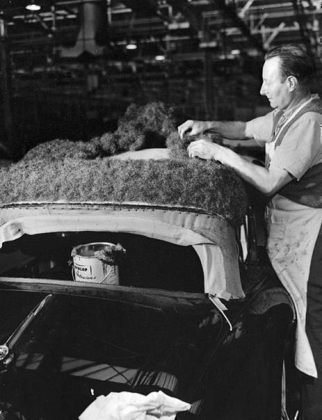 Late 1950s: Padding out an XK Drophead with Horse Hair.